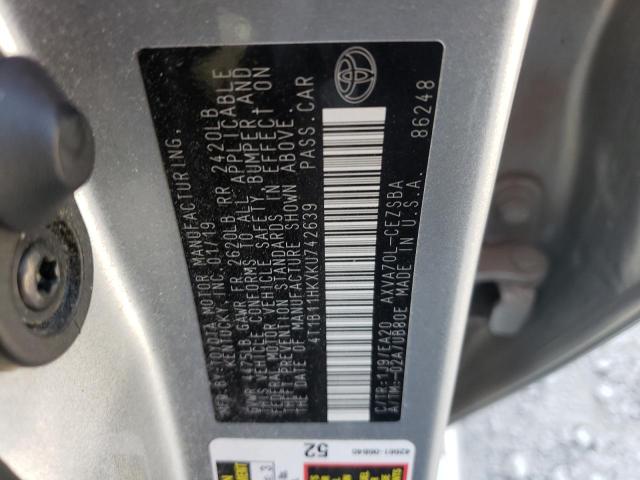 4T1B11HKXKU742639 - 2019 TOYOTA CAMRY SE A L SILVER photo 12