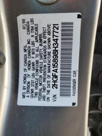 2HGFA15898H347721 - 2008 HONDA CIVIC EX GRAY photo 12