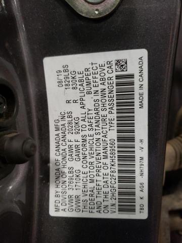 2HGFC2F87KH589560 - 2019 HONDA CIVIC SPORT Գրաֆիտ լուսանկար 12