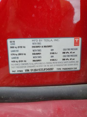 5YJSA1E22JF245097 - 2018 TESLA MODEL S 红色 照片 13