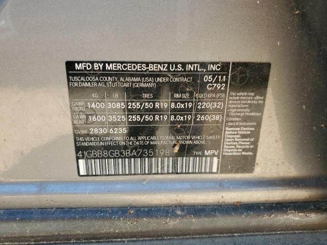 4JGBB8GB3BA735198 - 2011 MERCEDES-BENZ ML 350 4MATIC SILVER photo 12