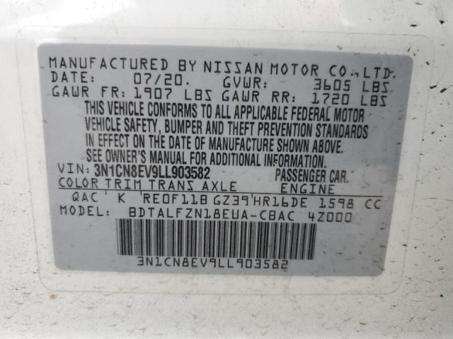 3N1CN8EV9LL903582 - 2020 NISSAN VERSA SV WHITE photo 13