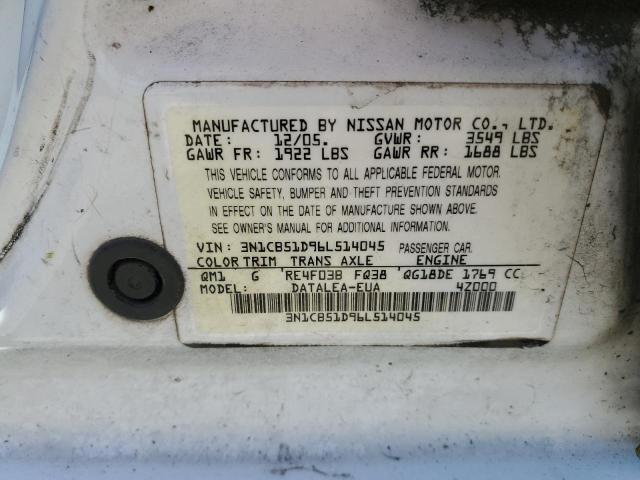 3N1CB51D96L514045 - 2006 NISSAN SENTRA 1.8 WHITE photo 12