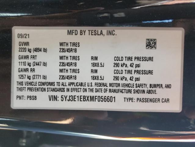 5YJ3E1EBXMF056601 - 2021 TESLA MODEL 3 BLACK photo 12