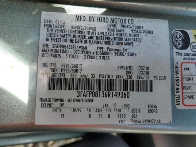 3FAFP08136R149360 - 2006 FORD FUSION SEL TEAL photo 13