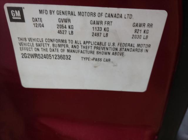 2G2WR524051236032 - 2005 PONTIAC GRAND PRIX GTP MAROON photo 10