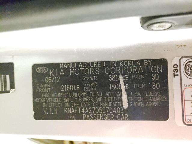 KNAFT4A27D5670403 - 2013 KIA FORTE LX SILVER photo 12