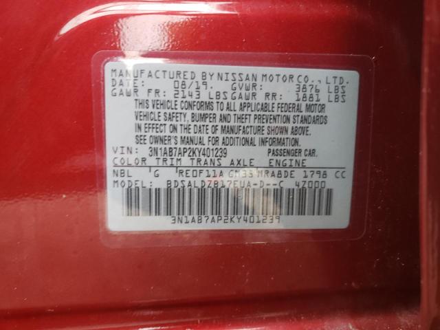 3N1AB7AP2KY401239 - 2019 NISSAN SENTRA S RED photo 13