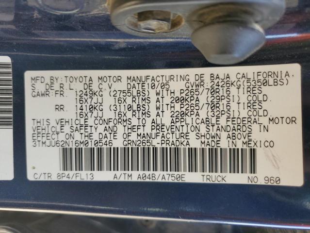 3TMJU62N16M010546 - 2006 TOYOTA TACOMA DOUBLE CAB PRERUNNER BLUE photo 12