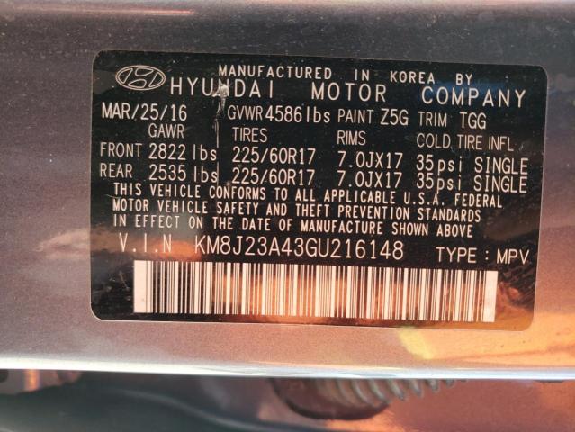 KM8J23A43GU216148 - 2016 HYUNDAI TUCSON SE GRAY photo 13