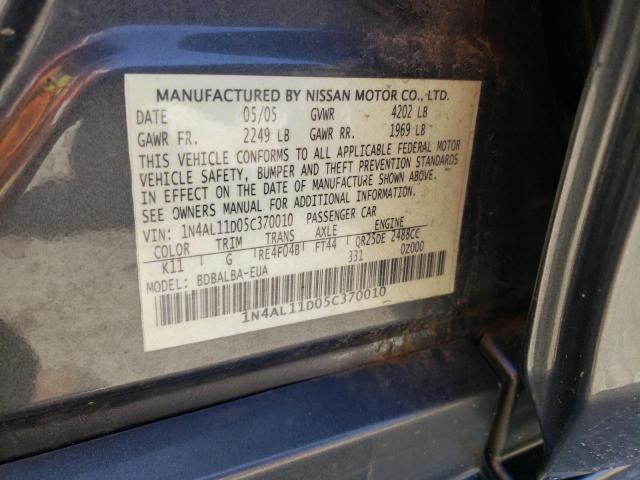 1N4AL11D05C370010 - 2005 NISSAN ALTIMA S GRAY photo 12