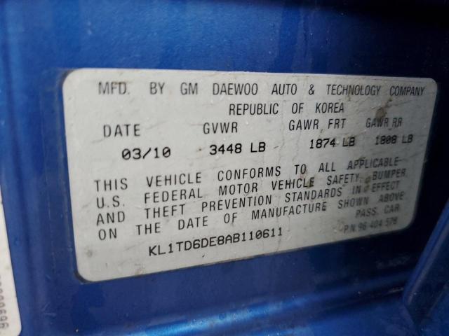 KL1TD6DE8AB110611 - 2010 CHEVROLET AVEO LS ლურჯი ფოტო 13