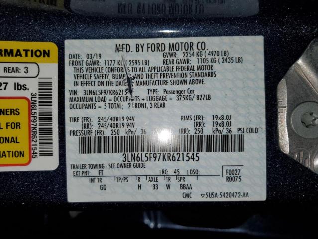 3LN6L5F97KR621545 - 2019 LINCOLN MKZ RESERVE II BLUE photo 12