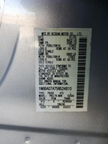 1N6BA07A75N524810 - 2005 NISSAN TITAN XE SILVER photo 12