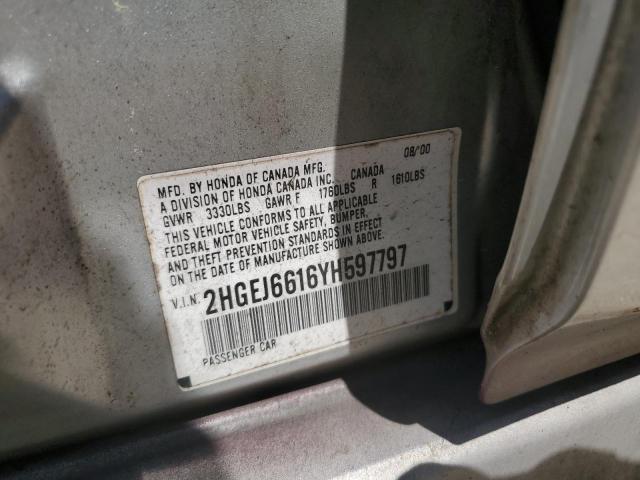 2HGEJ6616YH597797 - 2000 HONDA CIVIC BASE SILVER photo 12