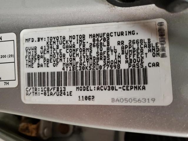 4T1BE30K52U077998 - 2002 TOYOTA CAMRY LE SILVER photo 12