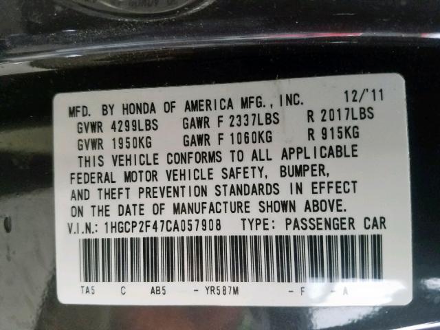 1HGCP2F47CA057908 - 2012 HONDA ACCORD LXP  photo 10