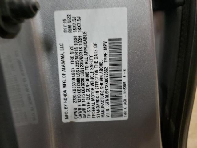 5FNRL6H7XKB073562 - 2019 HONDA ODYSSEY EXL GRAY photo 13