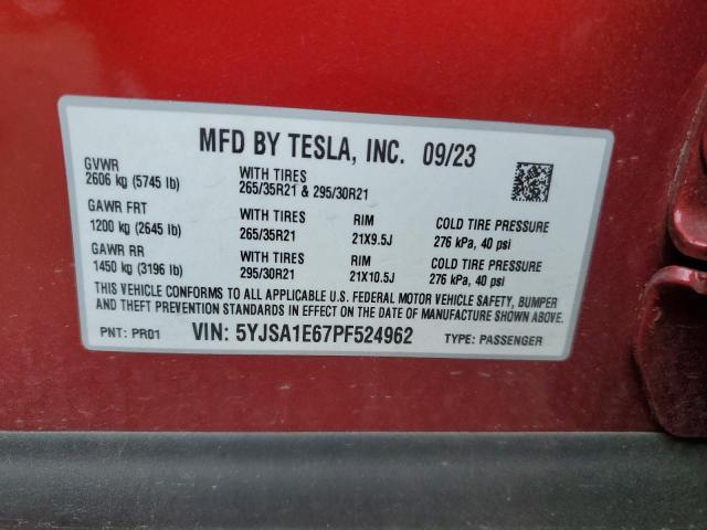 5YJSA1E67PF524962 - 2023 TESLA MODEL S Qırmızı foto 12