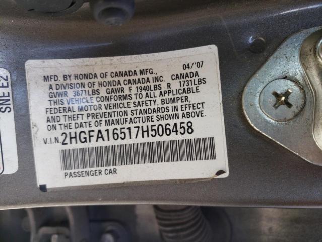 2HGFA16517H506458 - 2007 HONDA CIVIC LX GRAY photo 12