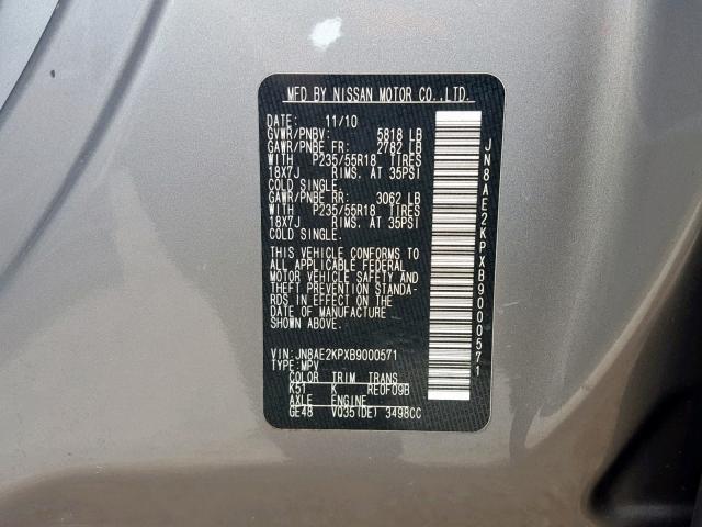 JN8AE2KPXB9000571 - 2011 NISSAN QUEST S GRAY photo 10