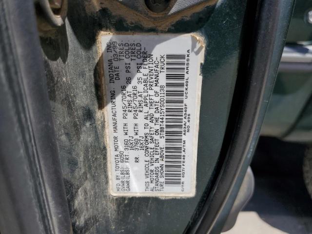 5TBBT4415YS001138 - 2000 TOYOTA TUNDRA ACCESS CAB Կանաչ լուսանկար 12