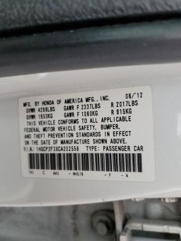 1HGCP2F3XCA202558 - 2012 HONDA ACCORD LX WHITE photo 13