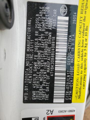 4T1BK3DB8BU408818 - 2011 TOYOTA AVALON BASE 白色 照片 12