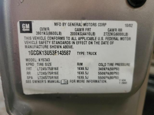 1GCGK13U53F143587 - 2003 CHEVROLET 1500 K1500 HEAVY DUTY TAN photo 12