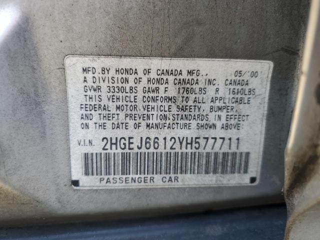 2HGEJ6612YH577711 - 2000 HONDA CIVIC BASE SILVER photo 12