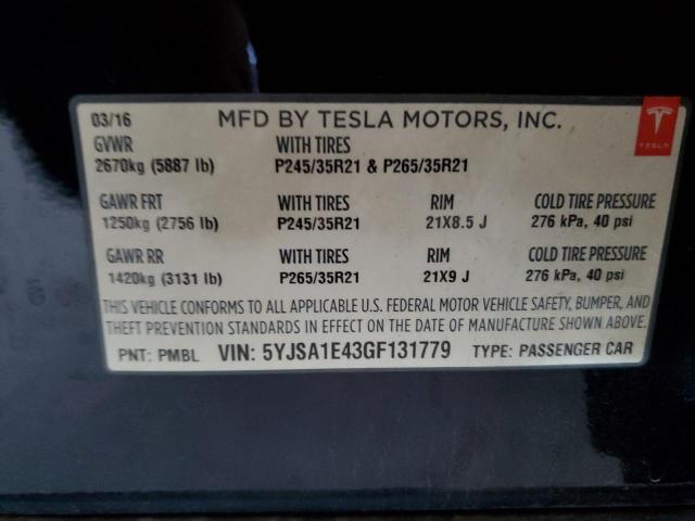 5YJSA1E43GF131779 - 2016 TESLA MODEL S BLACK photo 12