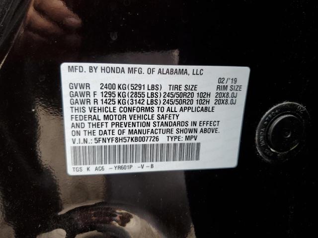 5FNYF8H57KB007726 - 2019 HONDA PASSPORT EXL BLACK photo 13