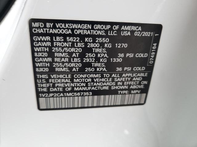 1V2JP2CA1MC567353 - 2021 VOLKSWAGEN ATLAS SE Biały zdjęcie 13