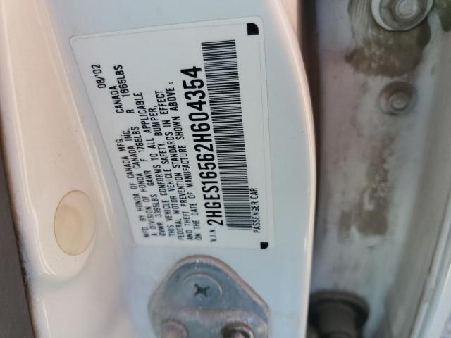 2HGES16562H604354 - 2002 HONDA CIVIC LX WHITE photo 12