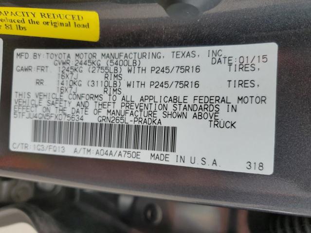 5TFJU4GN5FX075634 - 2015 TOYOTA TACOMA DOUBLE CAB PRERUNNER GRAY photo 12