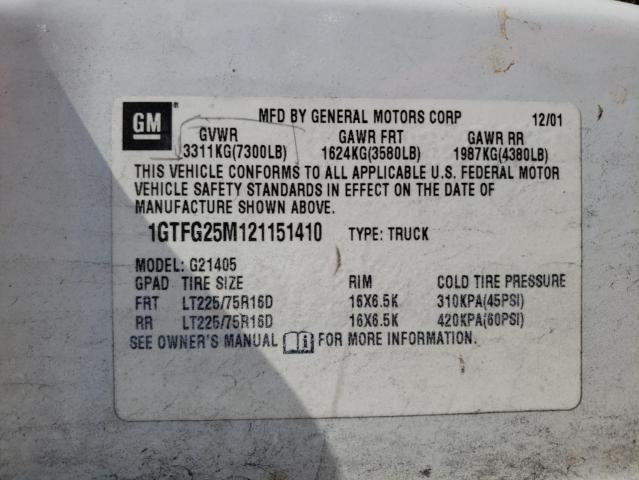 1GTFG25M121151410 - 2002 GMC SAVANA G2500 WHITE photo 13