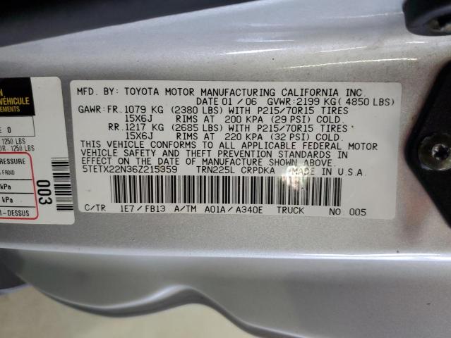5TETX22N36Z215359 - 2006 TOYOTA TACOMA ACCESS CAB ვერცხლისფერი ფოტო 12
