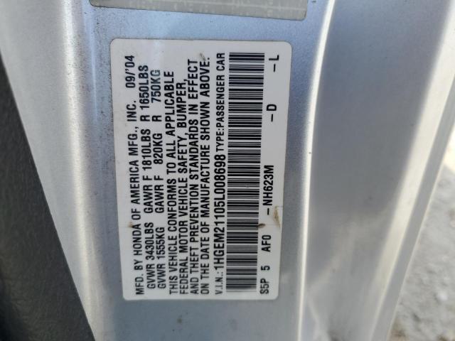 1HGEM21105L008698 - 2005 HONDA CIVIC DX VP ვერცხლისფერი ფოტო 12