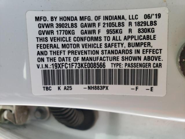 19XFC1F73KE008566 - 2019 HONDA CIVIC EXL 白色 照片 12