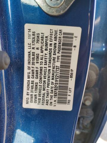 19XFB2F51FE217737 - 2015 HONDA CIVIC LX BLUE photo 12