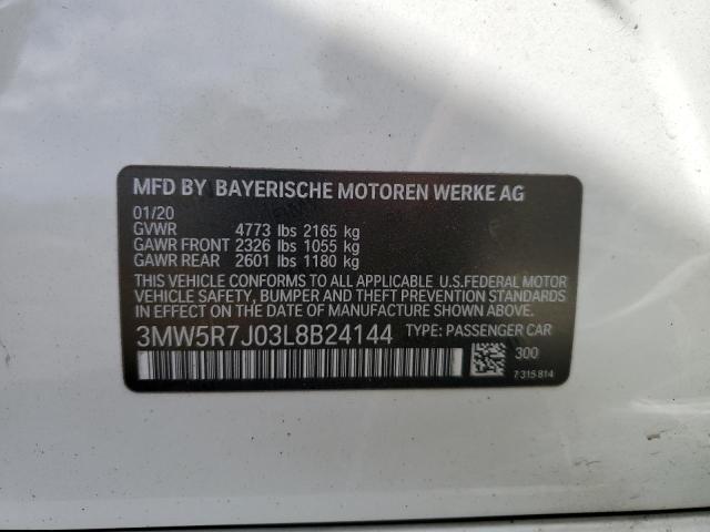 3MW5R7J03L8B24144 - 2020 BMW 330XI WHITE photo 12