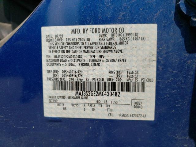 MAJ3S2GE2MC430482 - 2021 FORD ECOSPORT SE 蓝色 照片 14