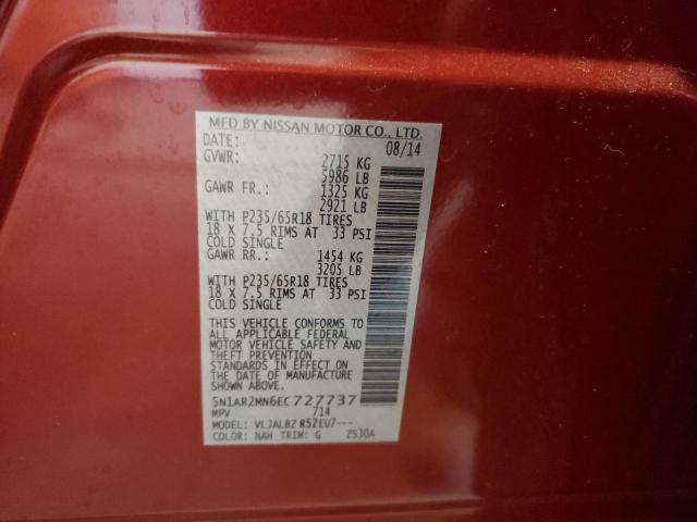 5N1AR2MN6EC727737 - 2014 NISSAN PATHFINDER S 勃艮第红 照片 13