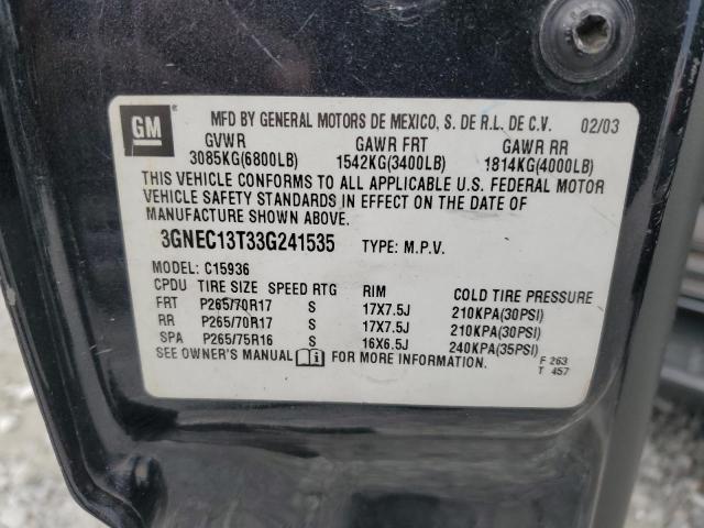 3GNEC13T33G241535 - 2003 CHEVROLET AVALANCHE C1500 BLACK photo 12