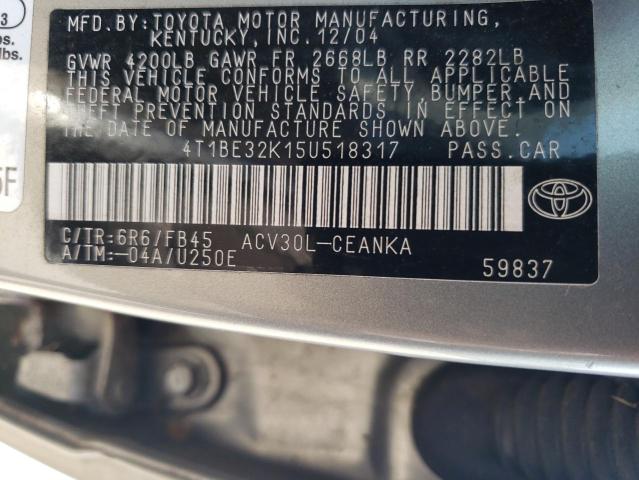 4T1BE32K15U518317 - 2005 TOYOTA CAMRY LE SILVER photo 12