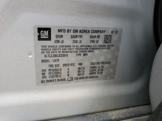 KL7CJLSB5LB325016 - 2020 CHEVROLET TRAX 1LT SILVER photo 12