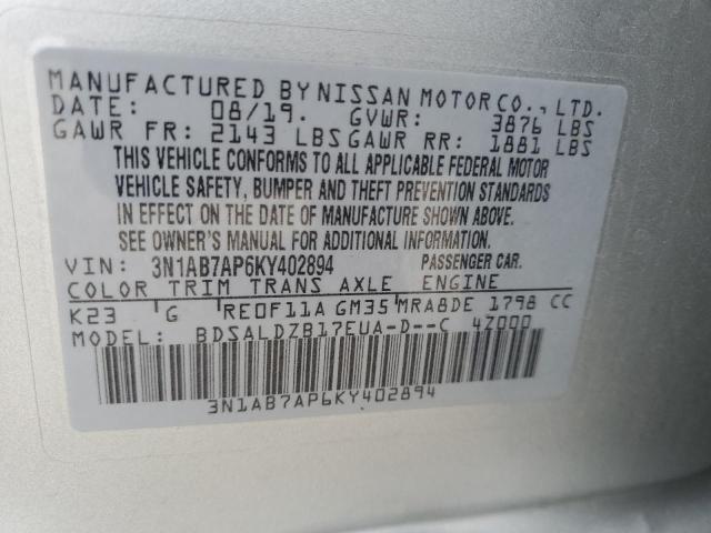 3N1AB7AP6KY402894 - 2019 NISSAN SENTRA S SILVER photo 13