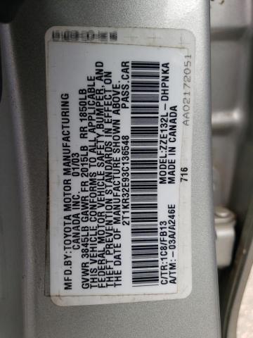 2T1KR32E93C136548 - 2003 TOYOTA COROLLA MA XR SILVER photo 13