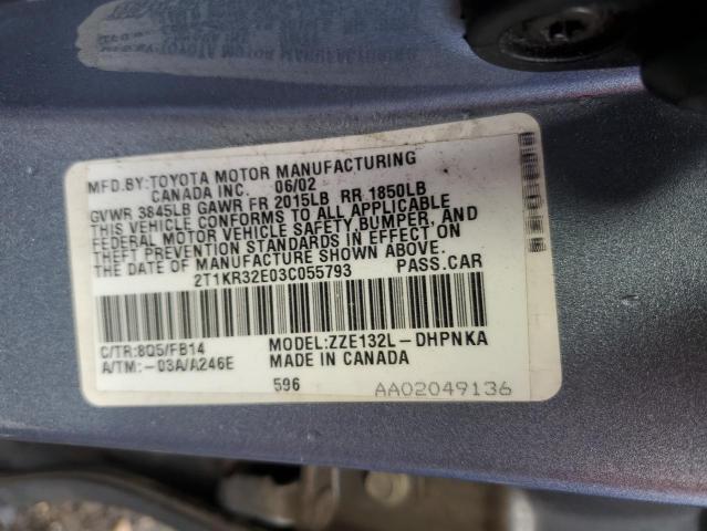 2T1KR32E03C055793 - 2003 TOYOTA COROLLA MA XR BLUE photo 12