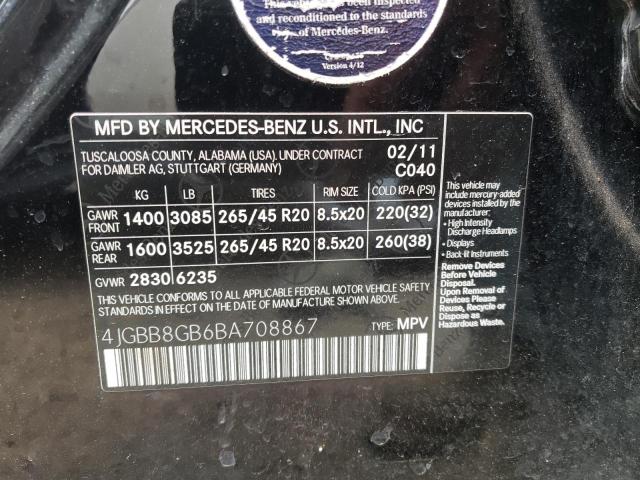 4JGBB8GB6BA708867 - 2011 MERCEDES-BENZ ML 350 4MATIC BLACK photo 10